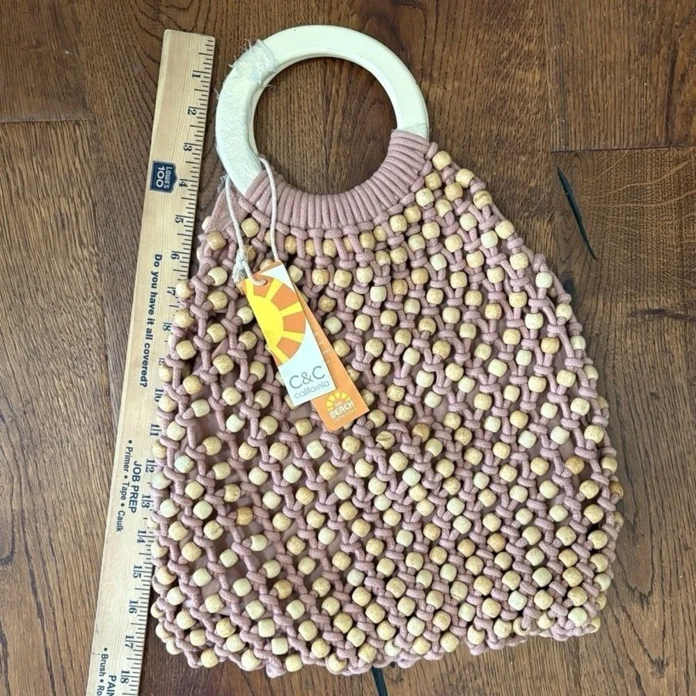 NWT C&C California‎ Macrame Purse Beaded Wooden Handle Boho Retro Bag